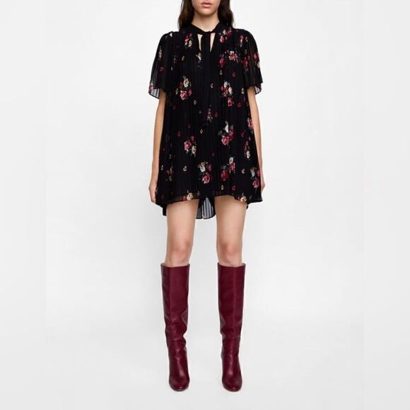 Zara Black Floral Relaxed Pleated Over Dress Romper with Bow Tie Front Detail S - Picture 1 of 7